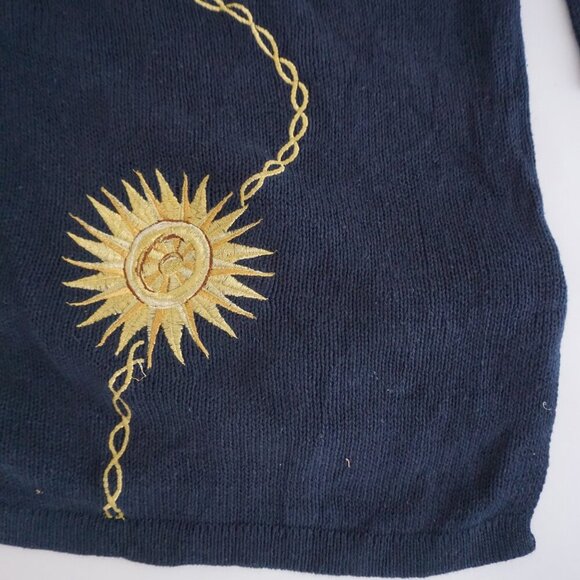 Vintage Maggie Lawrence Navy Gold Sun Chain Embroidered Knit Cardigan 22/24 - Picture 4 of 13